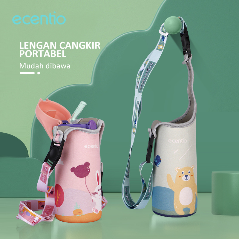 ecentio &amp; FOODI botol minum anak sedotan termos air panas mini 400ml 304 stainless steel Merah Muda/Hijau/termos mini 400ml kids/straw sippy cup