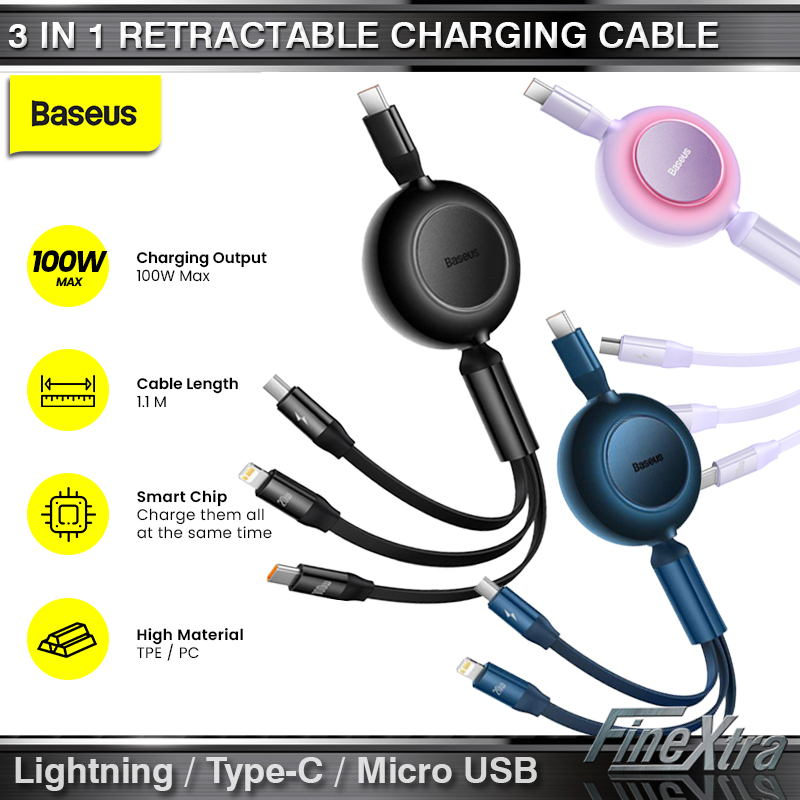 Baseus 3in1 Retractable Charging Cable 100W