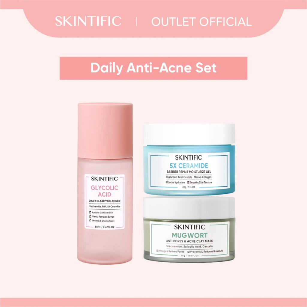 【Skintific Outlet Official】3 pcs Daily Anti-Acne Set | 5% Ceramide Barrier  Moisture Gel 30g Moisturizer Pelembab Wajah + Mugwort Anti Pores &amp; Acne Clay Mask 55g Mud Mask Wash Off Mask Masker Wajah + Glycolic Acid Daily Clarifying Toner 80ml