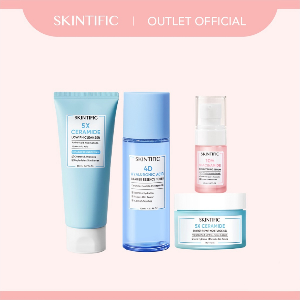 【Skintific Outlet Official】SKINTIFIC 5X Ceramide Low PH Gentle Cleanser &amp; 4D Hyaluronic Acid Barrier Essence Toner &amp; Niacinamide Brightening Serum &amp; 5X Ceramide Barrier  Moisture Gel (Pembersih+Toner Pelembab+Serum Mencerahkan+Pelembab Wajah)【BPOM】