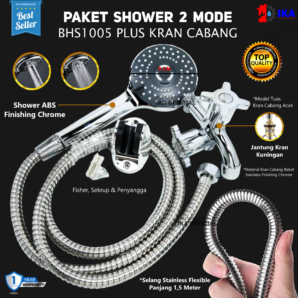 Paket Shower Kamar Mandi dan Kran Shower Cabang - 1/2 Inch Stainless 5 Mode Fungsi /Paket Shower / Shower Mandi / Kran Cabang Shower Kamar Mandi Kuat 4 Mode + Tombol Start/Stop OutletShower Besar Super Kencang Kamar Mandi Hand Shower