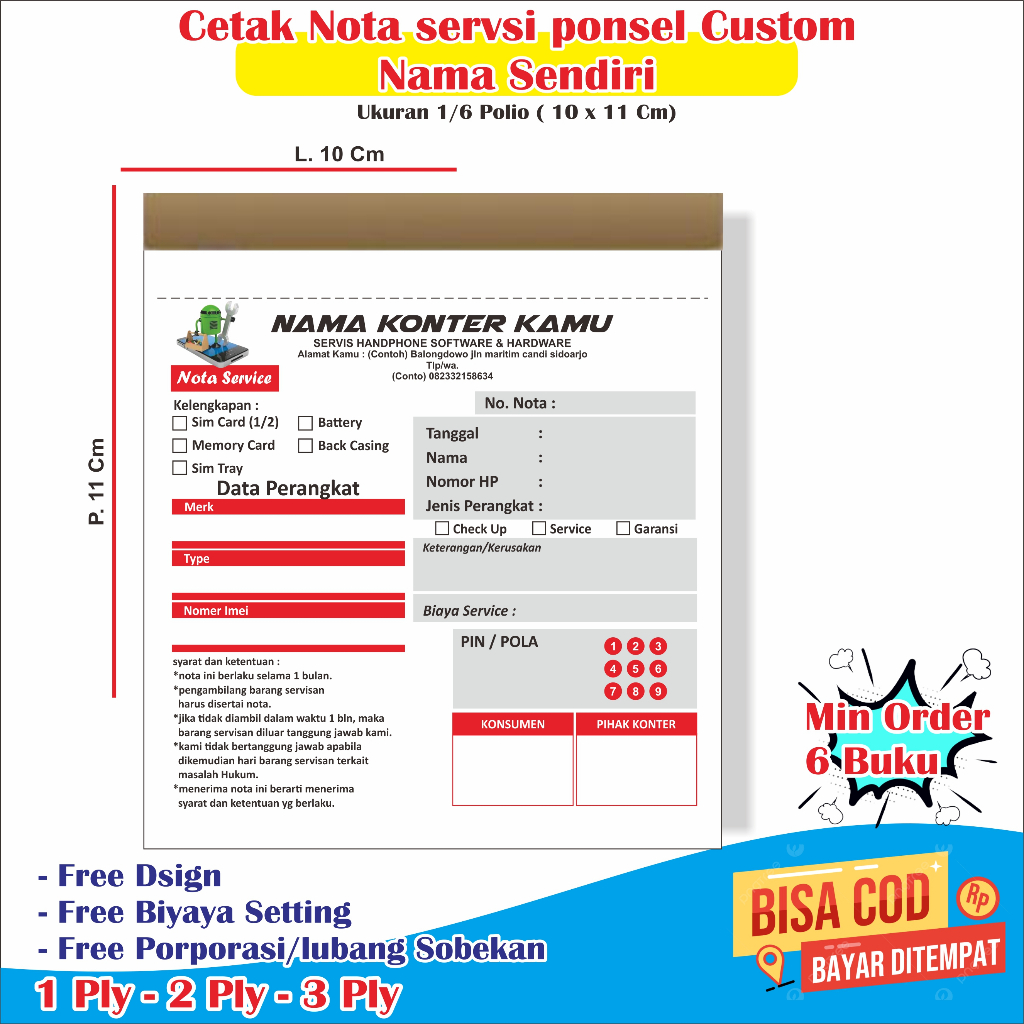 

nota servis hp custom nama sendiri nota servis hp nota service hp 1/6 polio 10 x 11 cm nota custom
