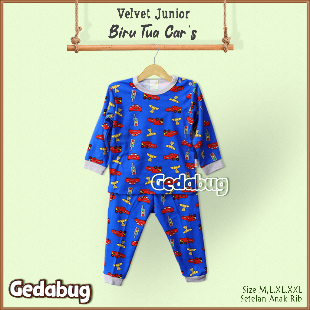 Setelan Anak Velvet PANJANG Junior Brilliant Blue | Piyama Anak Berkualitas Motif Terbaru Karet RIB | Gedabug