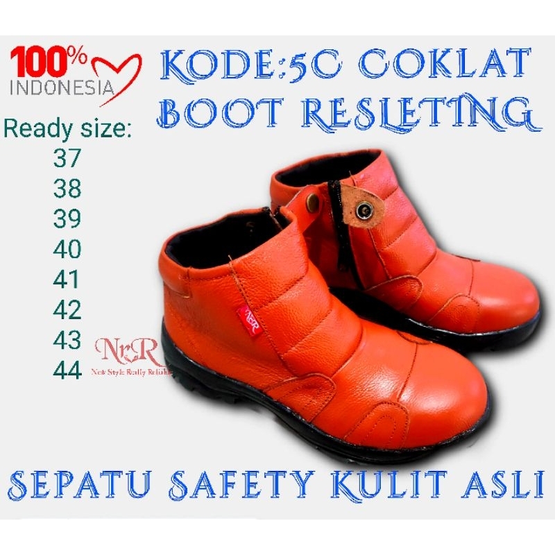 Sepatu safety BOOT RESLETING kulit sapi asli hitam finish semir slip on sepatu proyek ujung ada besi pengaman
