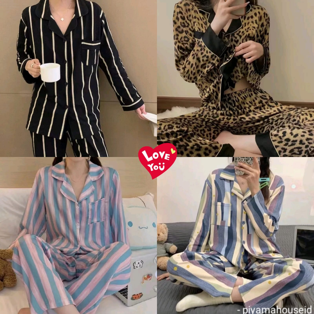 SETELAN BAJU TIDUR PIYAMA IMPORT WANITA KOREA LENGAN PANJANG CELANA PANJANG