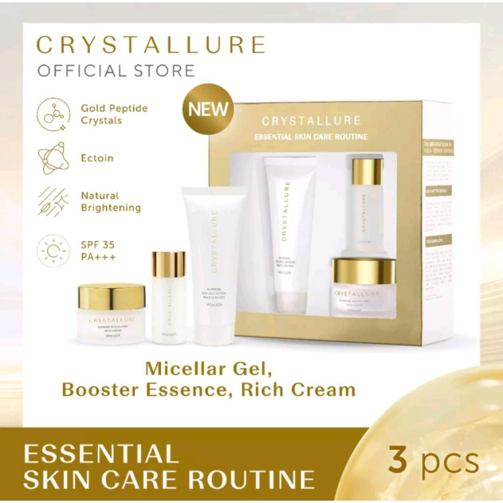 Paket WARDAH Crystallure Advanced Glow Kit Skincare Isi 3 Pcs (Essence, Oil Serum, Night Cream) / (Micellar gel, Essence, Hydra Gel)- Kemasan Mini / Travel / Trial Kit - Paket Kecil CTMP Micellar Essence Bosster Overnight Cream Anti Aging Kemasan Kecil