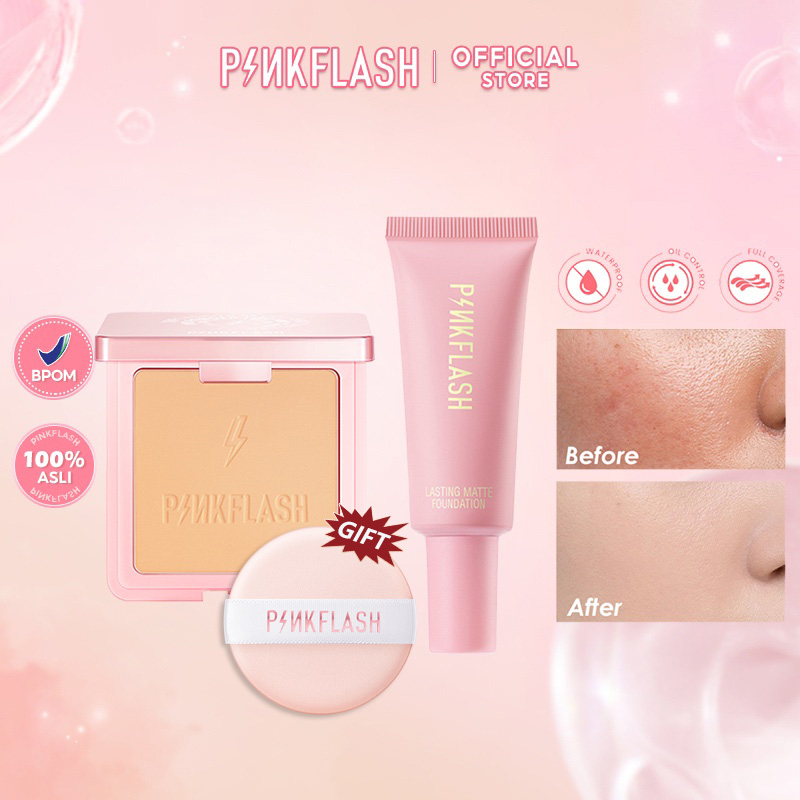 PINKFLASH 2 Pcs Foundation Makeup Set Face Makeup Mattifying Flawless Two Way Cake Powder Lasting Matte Foundation Oil control