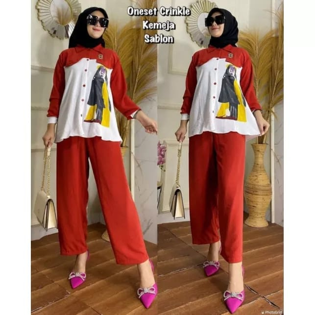 1 SET BAJU &amp; CELANA BAHAN CRINCLE SABLON JUMBO TERBARU