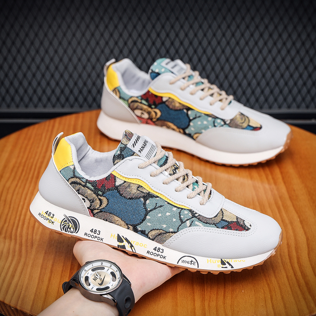 Sepatu Trendy Casual Cowok Bertali Warna Kuning Sneakers Bermotif Fashion Korean Style