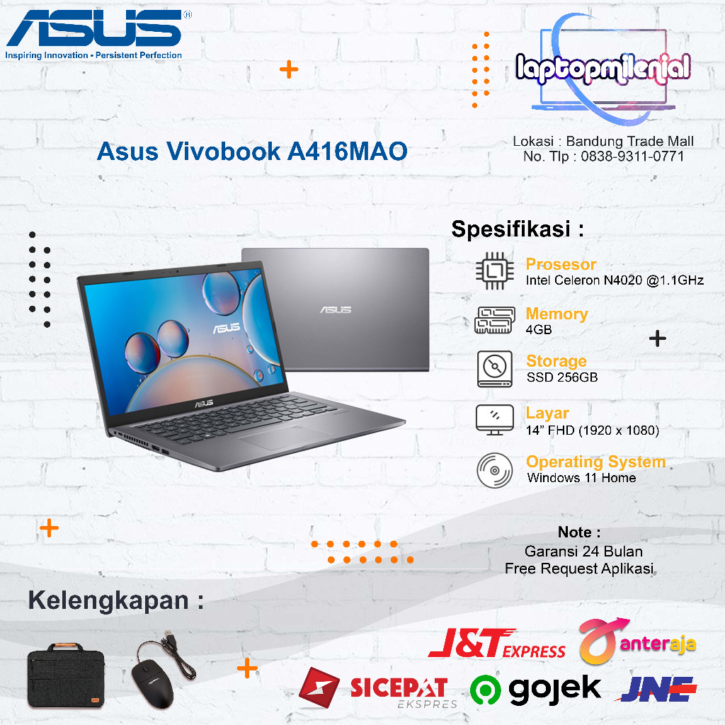 Laptop Asus Vivobook A416MAO Intel Celeron N4020 Ram 4GB SSD 256GB 14&quot; Win 11 Home OHS 2021 New Bergaransi