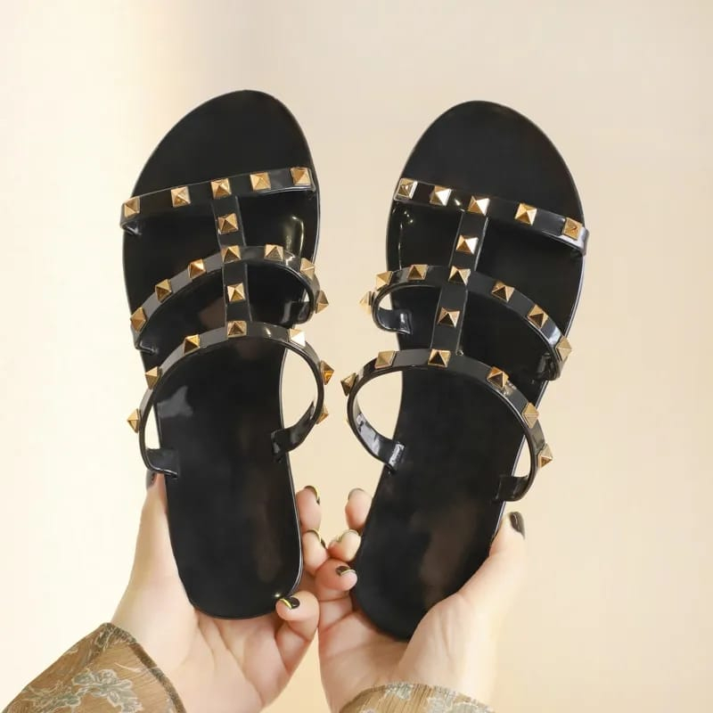 Sandal Wanita Jelly Stud Garis Nyaman Dan Empuk