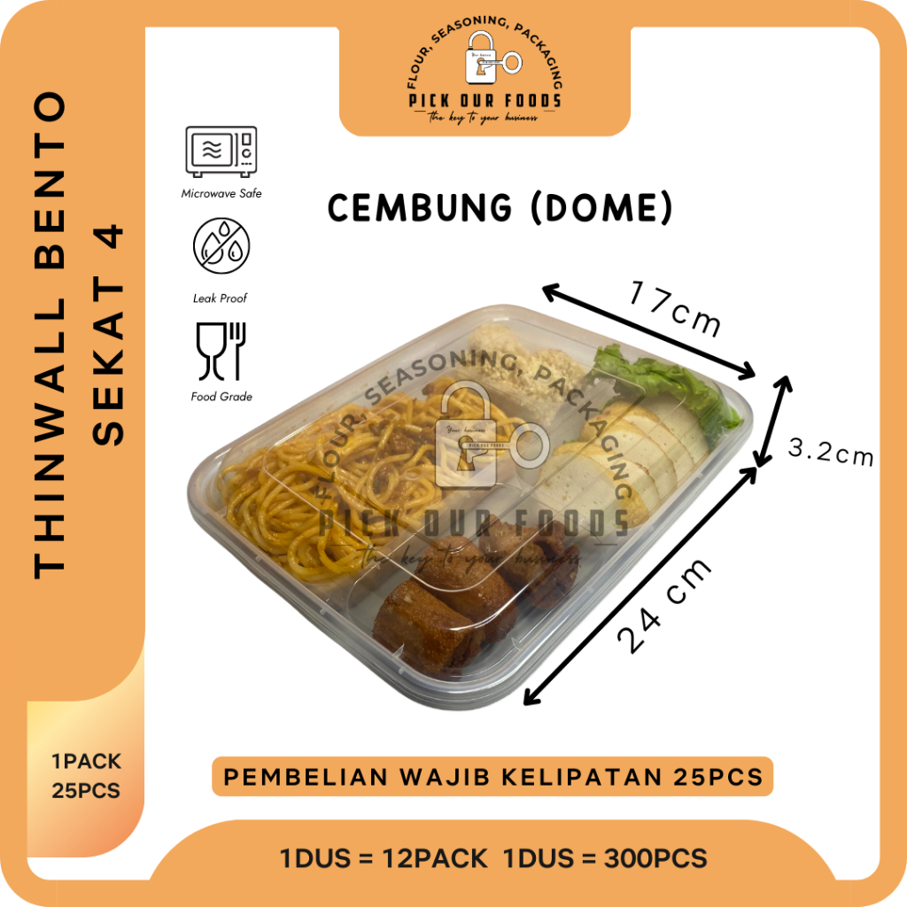 THINWALL BENTO SEKAT 4 CEMBUNG (DOME) 25 pcs ( 1 pack ) | THINWALL BENTO MURAH