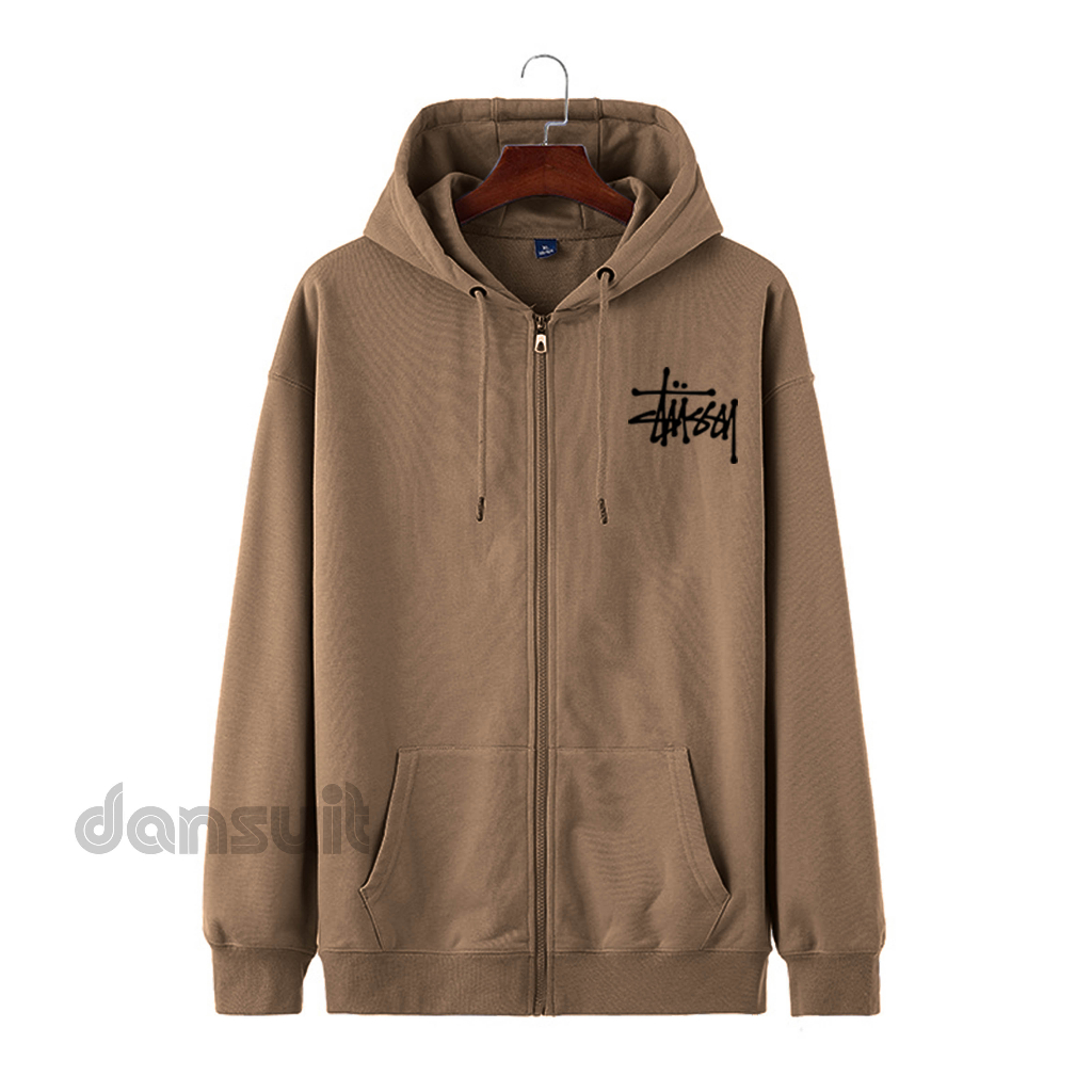 Hoodie Zipper Resleting  Motif Sablon STUSSY Logo Pria/Wanita Size M - XXXL Bahan Tebal Premium