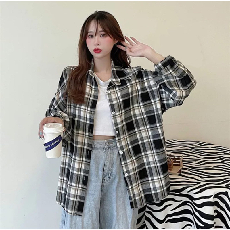 Atasan Wanita Kemeja flannel Lengan Panjang Import Bangkok Korean Kemeja Wanita Oversize Kemeja Kota
