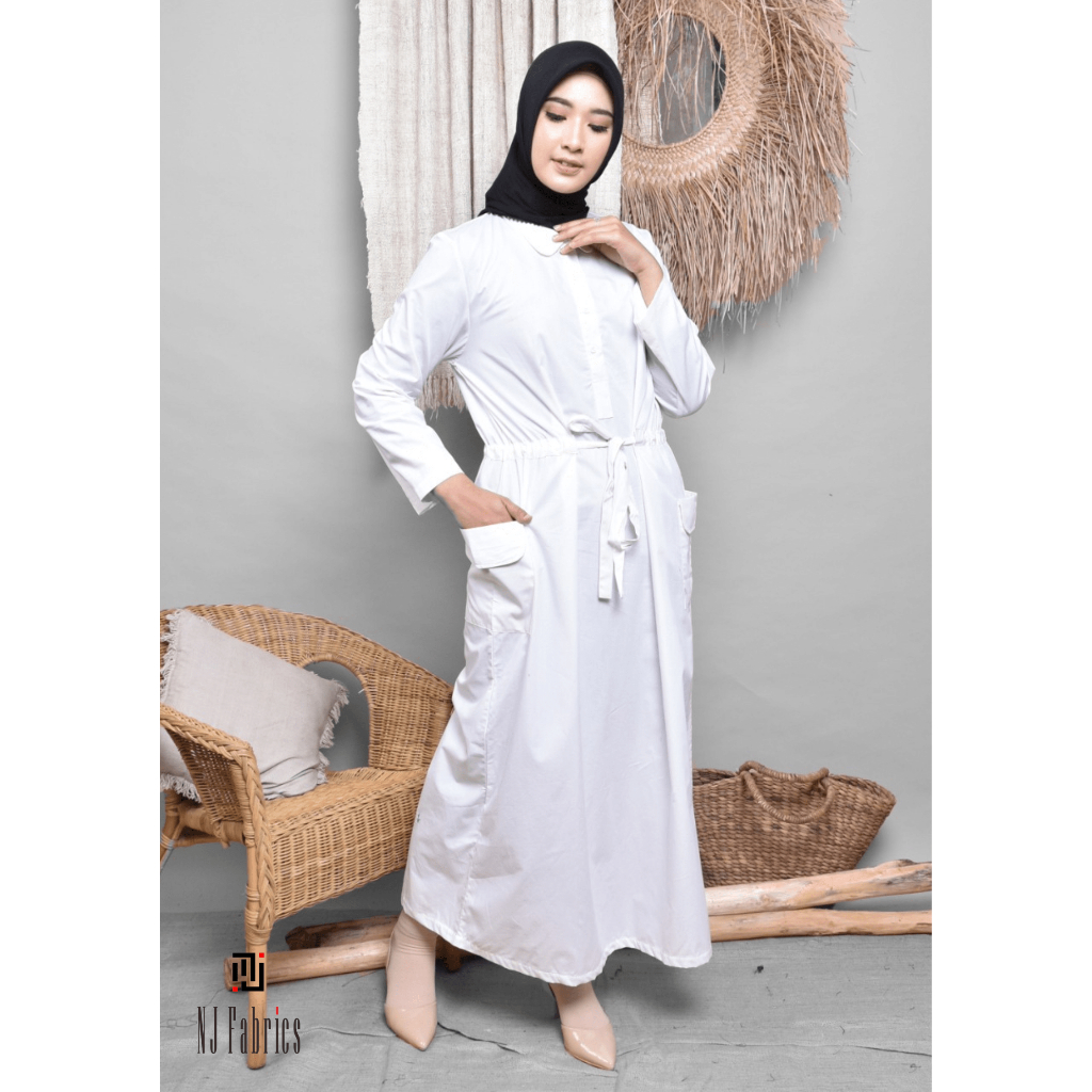 NJFabrics Drawstring Waist Dress Gamis Casual Hijab Wanita Katun Premium Hitam - Khaki - Putih