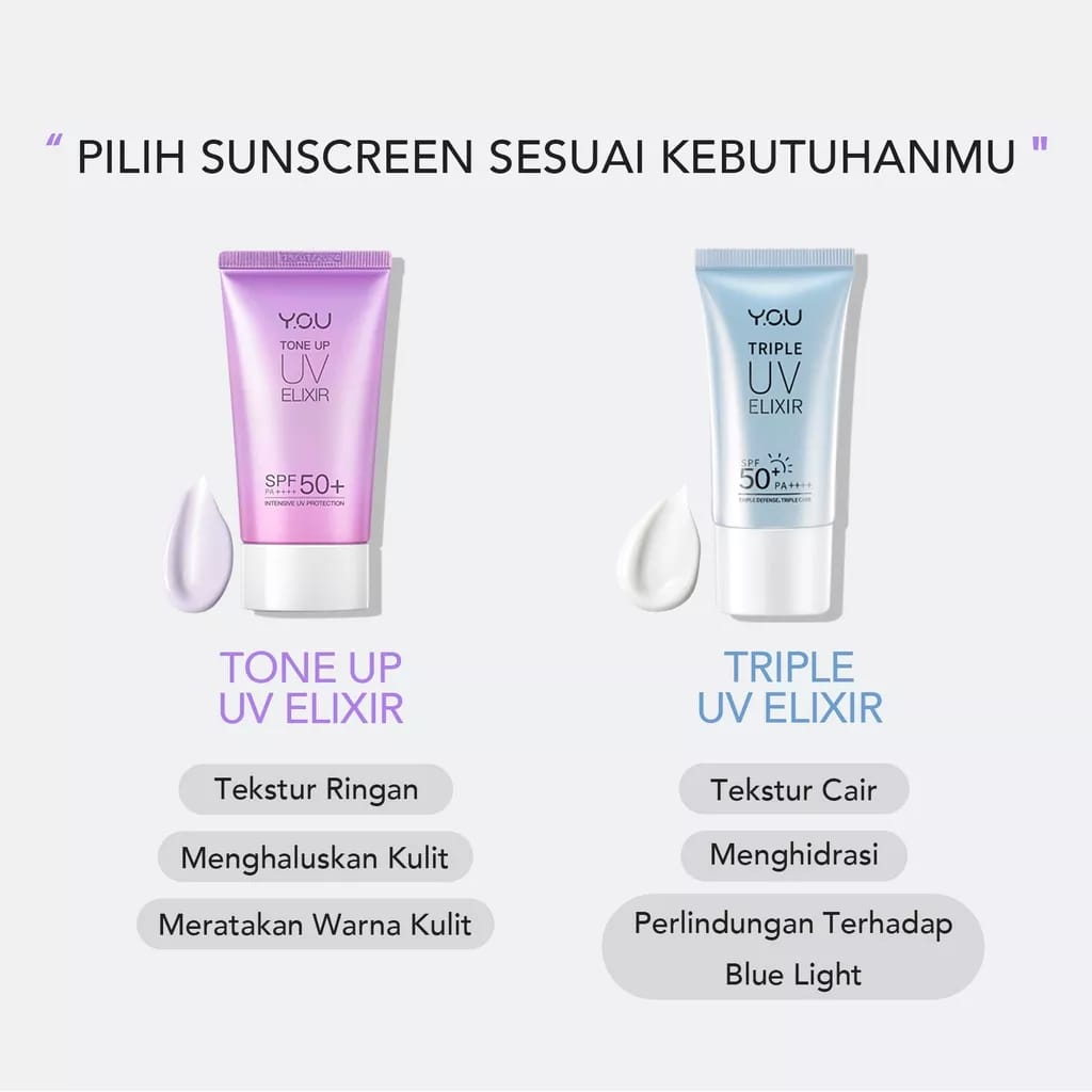 YOU Triple UV Elixir Sunscreen Gel SPF 50+ PA++++ | UVA UVB Blue Light Protection Sunblock untuk Kulit Berminyak | Tone Up Cream