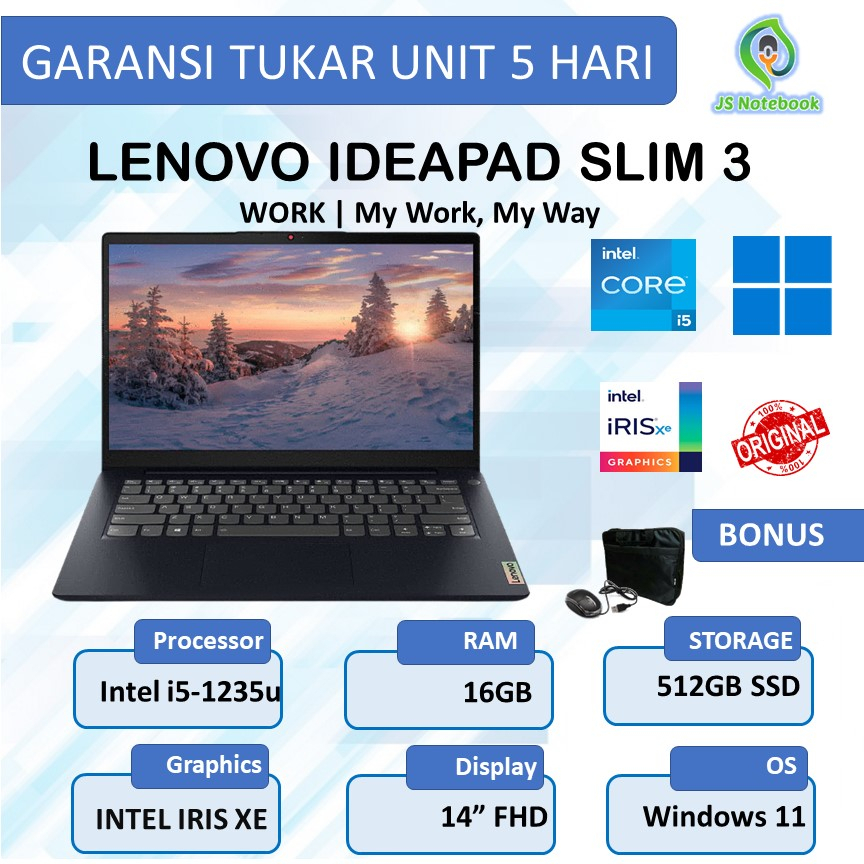 LAPTOP LENOVO IDEAPAD SLIM 3 core i5-1235u 16GB 512SSD WIN11 14" FHD IPS