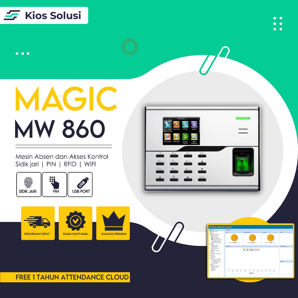 Mesin Absensi | Mesin Absen | Mesin Absen Sidik Jari Magic MW860 | Fingerprint | WIFI | ADMS | Sudah Include Software Online (Cloud)
