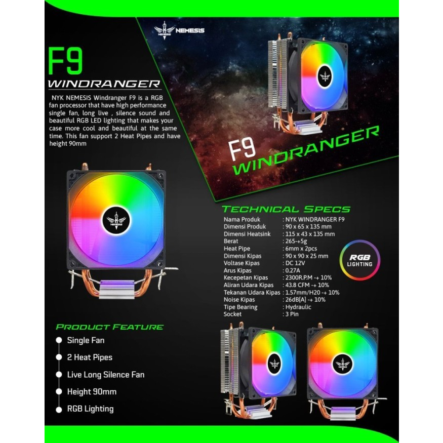 NYK Nemesis Windranger F9 Fan Processor 9cm Single Fan RGB