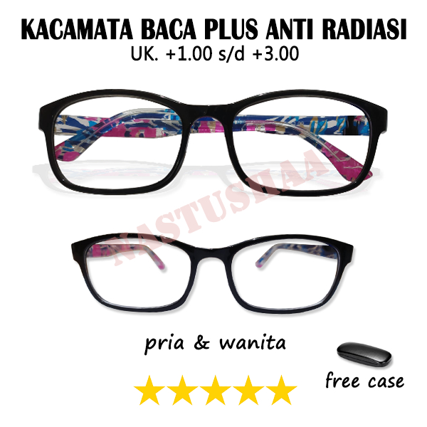 Kacamata Plus (+) +1.00 s/d +3.00 Pria Wanita Kacamata Plus Reading Glasses ANTI RADIASI FREE CASE