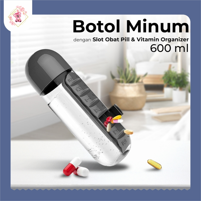Botol Minum Plastik Unik dengan Slot Obat Pill & Vitamin 600ml