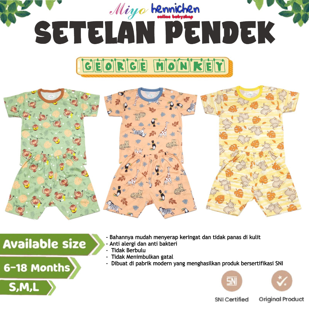 MIYO by Libby Setelan PENDEK PRINT GEORGE MONKEY / SQUIRREL Piyama Baju Bayi Libby SML kecil (6-18bulan) SNI