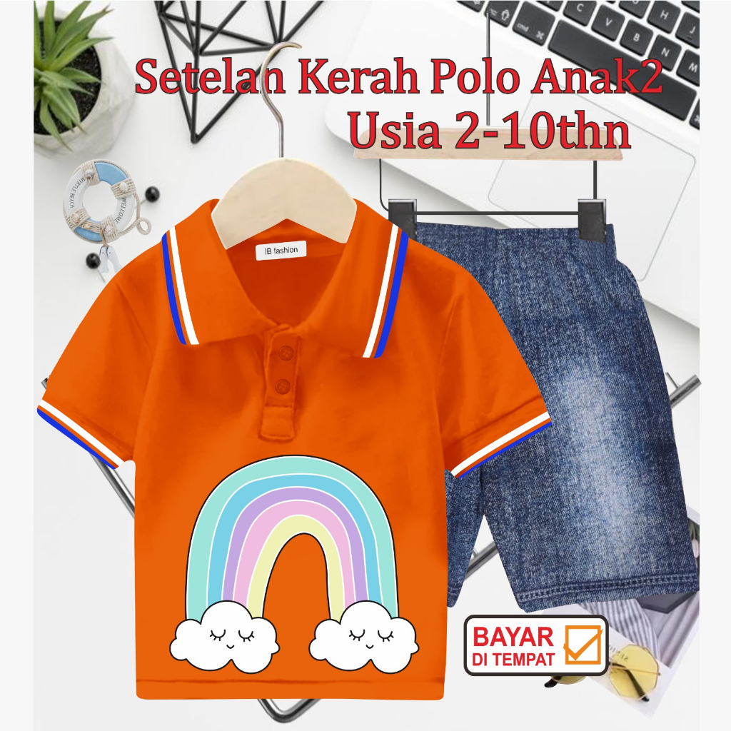 ((IB))SETELAN ANAK2 KERAH POLO SEMI JEANS/RAINBOW DIGITAL SABLON