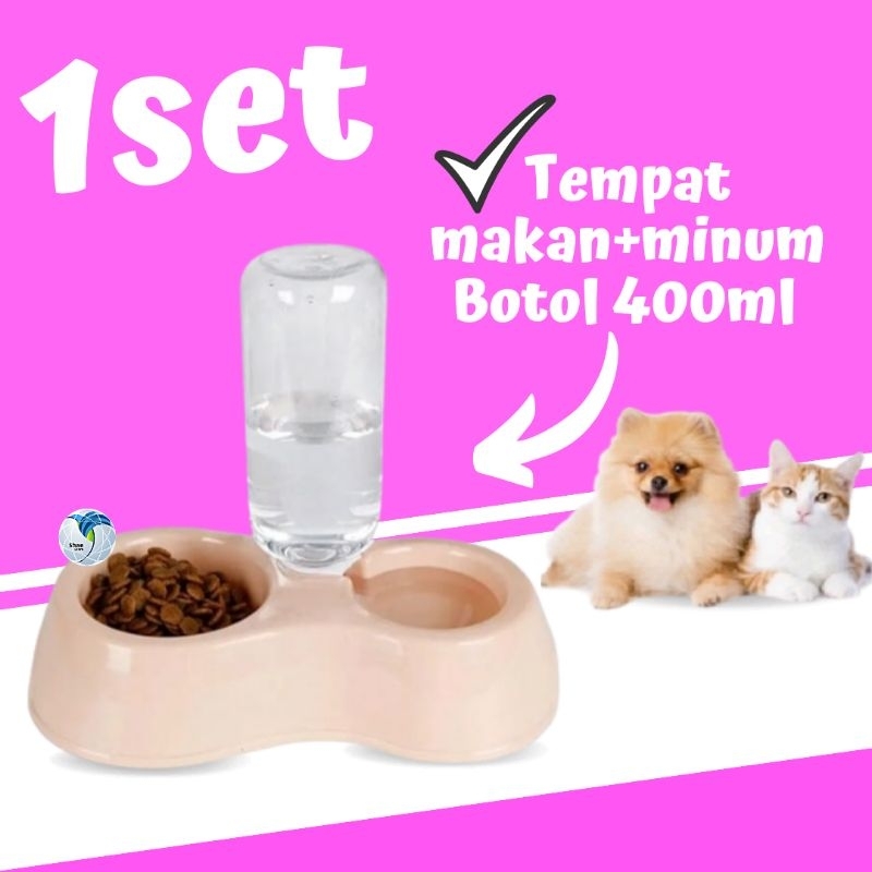 Tempat Makan Minum Kucing Anjing Piring Mangkuk Wadah pakan Free Botol 400ml Shaestore15