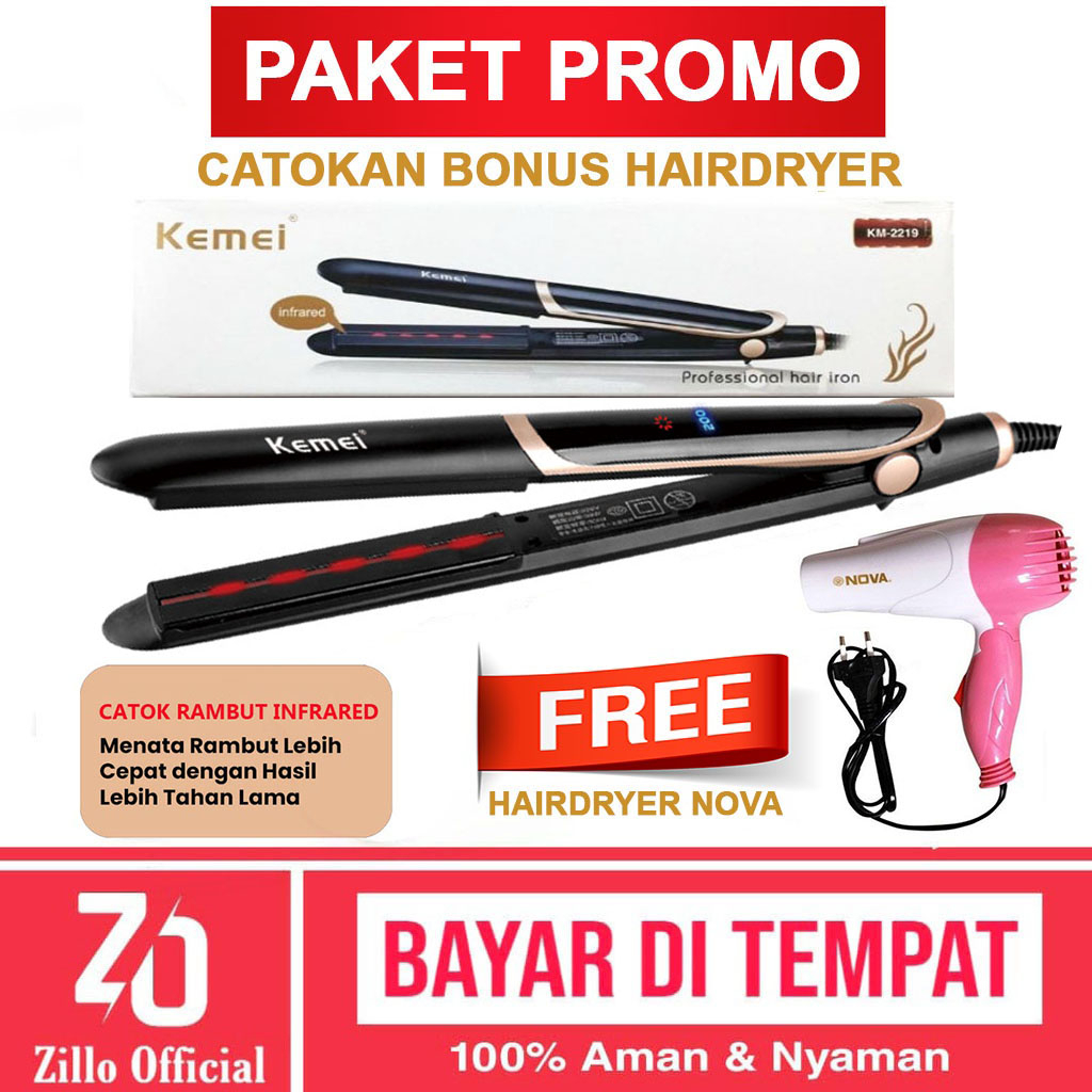 ZILLO Catok Rambut Infrared BONUS Hairdryer Catokan KEMEI Plat Ceramic Turmaline Bonus Hair Dryer Pengering Rambut