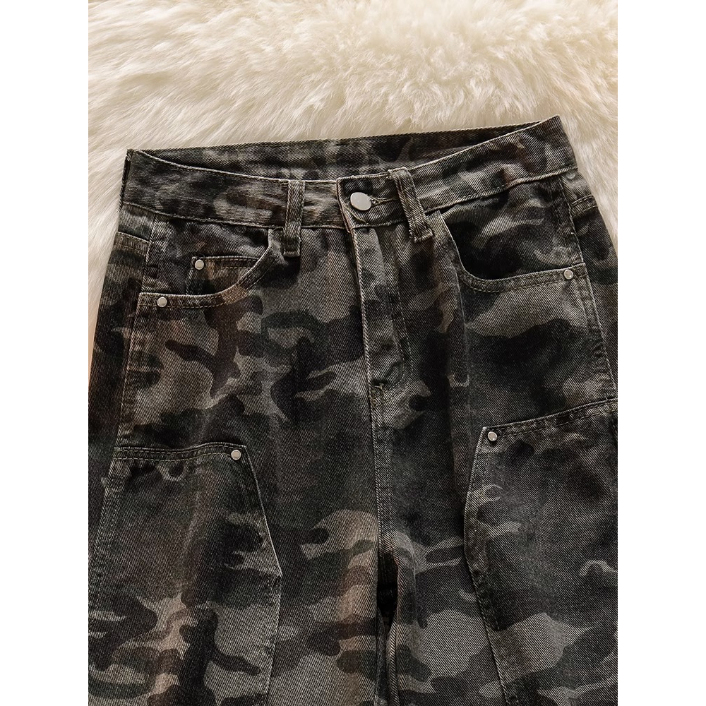 Korea Kamuflase Highwaist Straight Loose Celana Jeans Wanita Terbaru