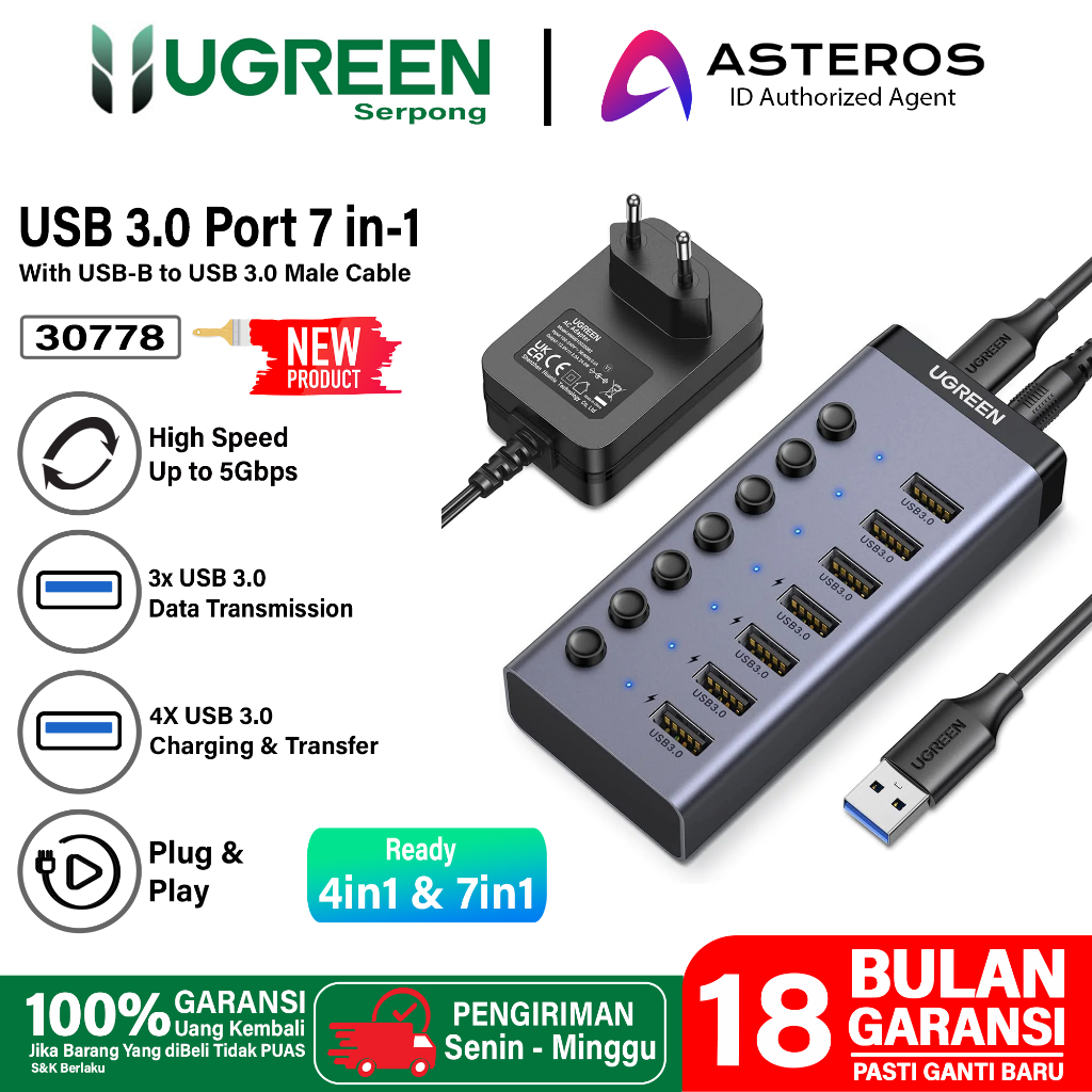 UGREEN HUB 7 Port USB 3.0 High Speed 5Gbps With 4 Charging Port Individual Switches