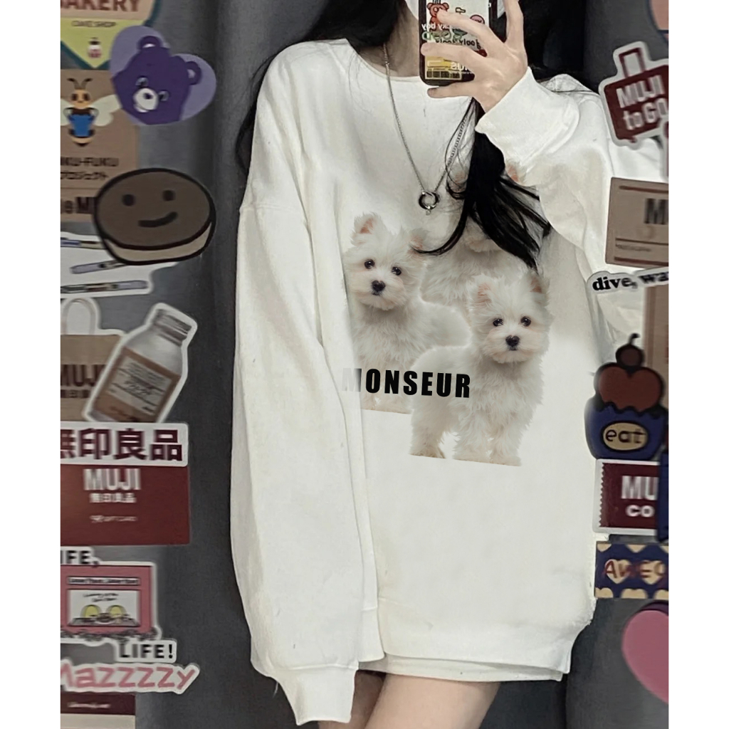 EUNII Sweater Lengan Panjang Cartoon Monseur Dog Printing Korean Style/Sweater Crop/Baju Wanita/Switer Wanita/Switer