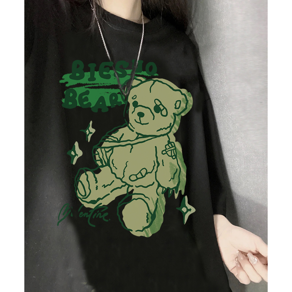 EUNII T-shirt Lengan Pendek Cartoon Green Bear Korean Style/Kaos Atasan Wanita/Baju Kaus Oversize Wanita/Kaos Wanita