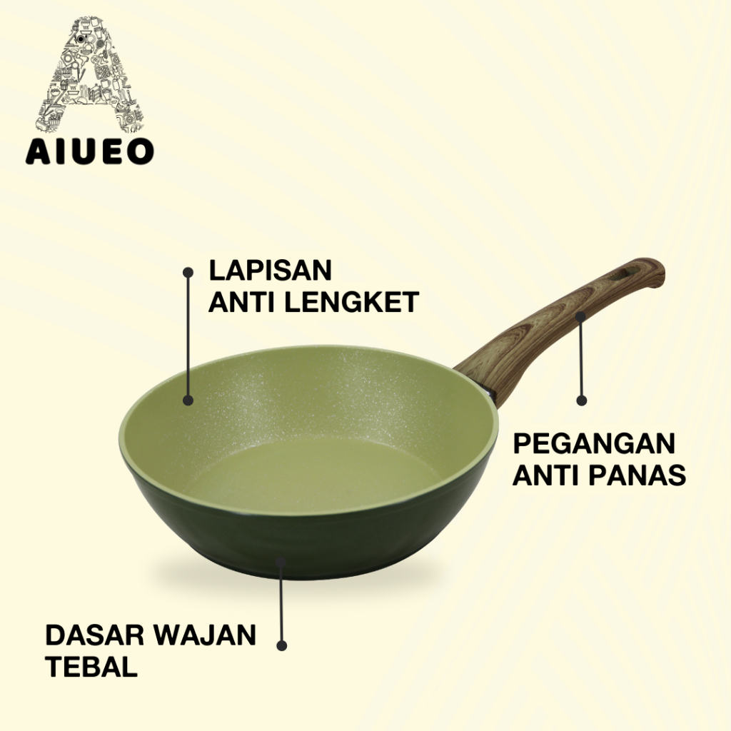 Penggorengan Anti Lengket Set Lengkap - Deep Frying Pan 24Cm + Tutup Kaca Tebal Stainless Steel - Penggorengan Warna Hijau Deep Fryer | Wajan Masak Anti Lengket ukuran 24cm