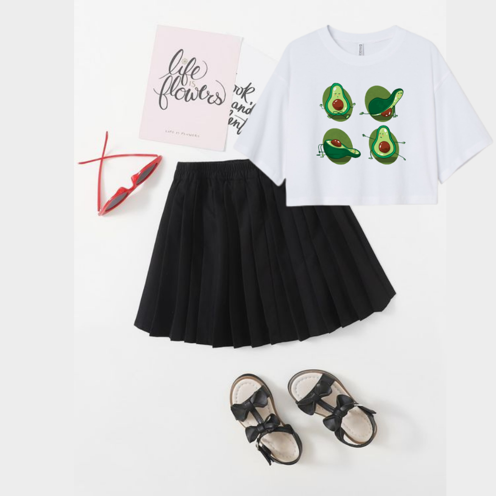 JBF 1 Set Outfit Cewek Kekinian Atasan Crop Top Oversized Avacado Dan Celana Rok