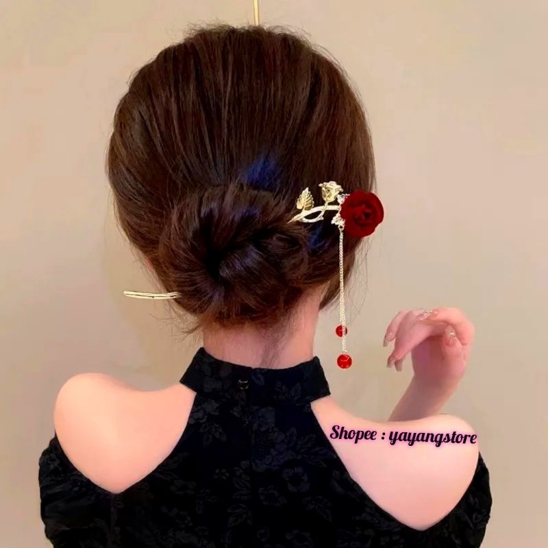 Tusuk Konde / Tusuk Sanggul / Hair Stick / Stik Rambut Merah / Stik Rambut Wanita Sanghai Sangjit Lamaran / Tusuk Konde Cheongsam Cina Merah