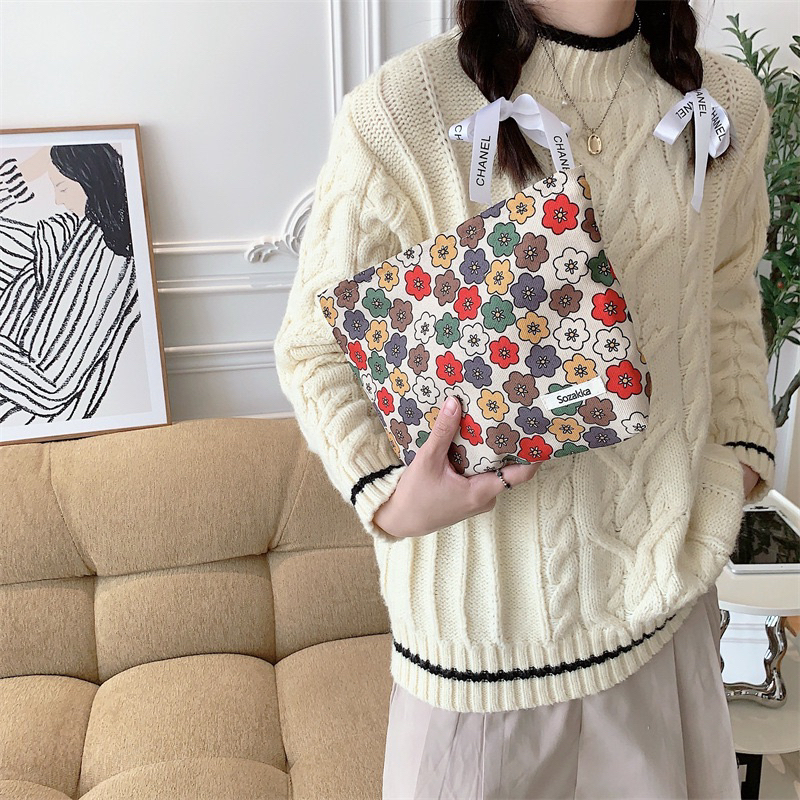 pouch travel besar tas kosmetik skincare organizer cosmetic bag dompet hp kunci serbaguna multifungsi kain motif bunga cantik ala korean style premium murah kekinian viral PO31
