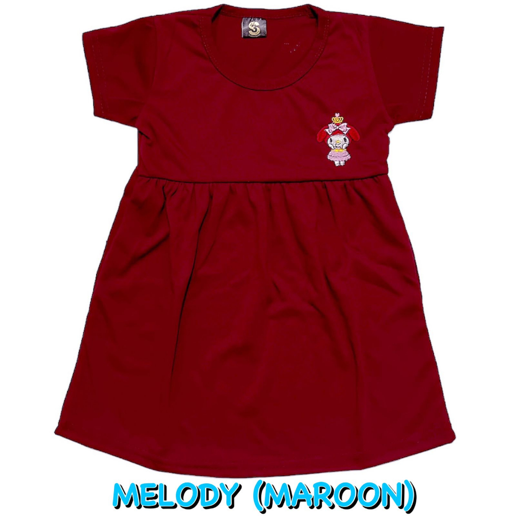 (1 KG MUAT 13 PCS) BAJU DRESS/DASTER ANAK KIDS PEREMPUAN/CEWEK BAHAN KAOS KATUN BORDIR MERAH MAROON MELODY/SANRIO