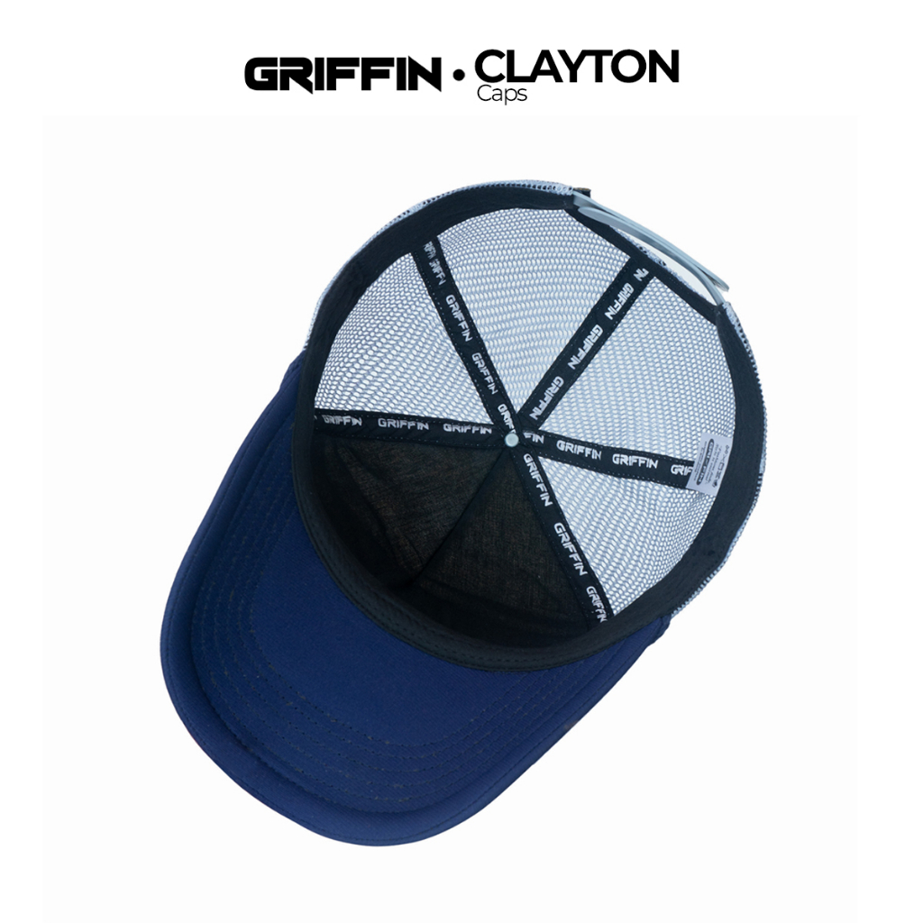 Topi Trucker Pria Wanita Unisex Putih Biru Keren Sablon Hi Density Timbul Clayton by Griffin