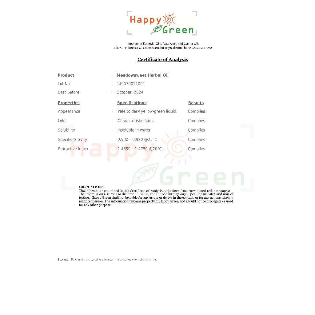 Bersertifikat Happy Green Meadowsweet Oil Minyak Meadowsweet Herbal