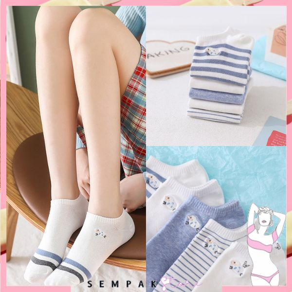 SS Kaos Kaki Wanita Motif Domba Garis Biru Muda 6777 Kaus Kaki Pendek Fashion Korean Unisex Semata Kaki Blue Sheep Socks Import