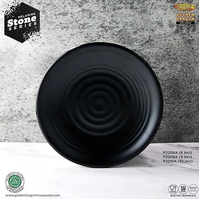 Piring Tembikar Bulat 6&quot; Hitam Melamine - Golden Dragon P2206A