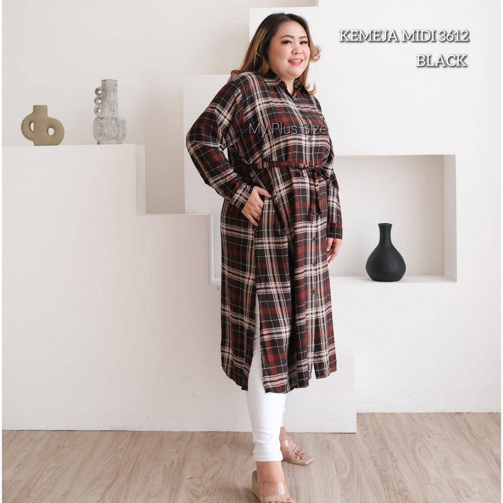 Kemeja Midi Long Tunik Kotak Jumbo 3612, Ld 135 &amp; 150 cm