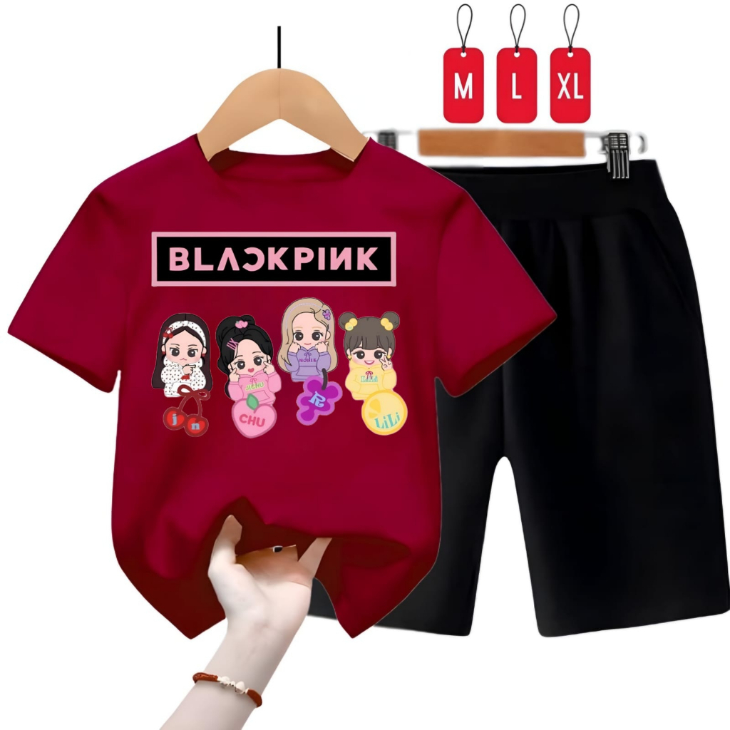 Hzl_outfit Setelan Kaos Anak Cewek B.Pink Kartun/Kaos Set Celana Pendek