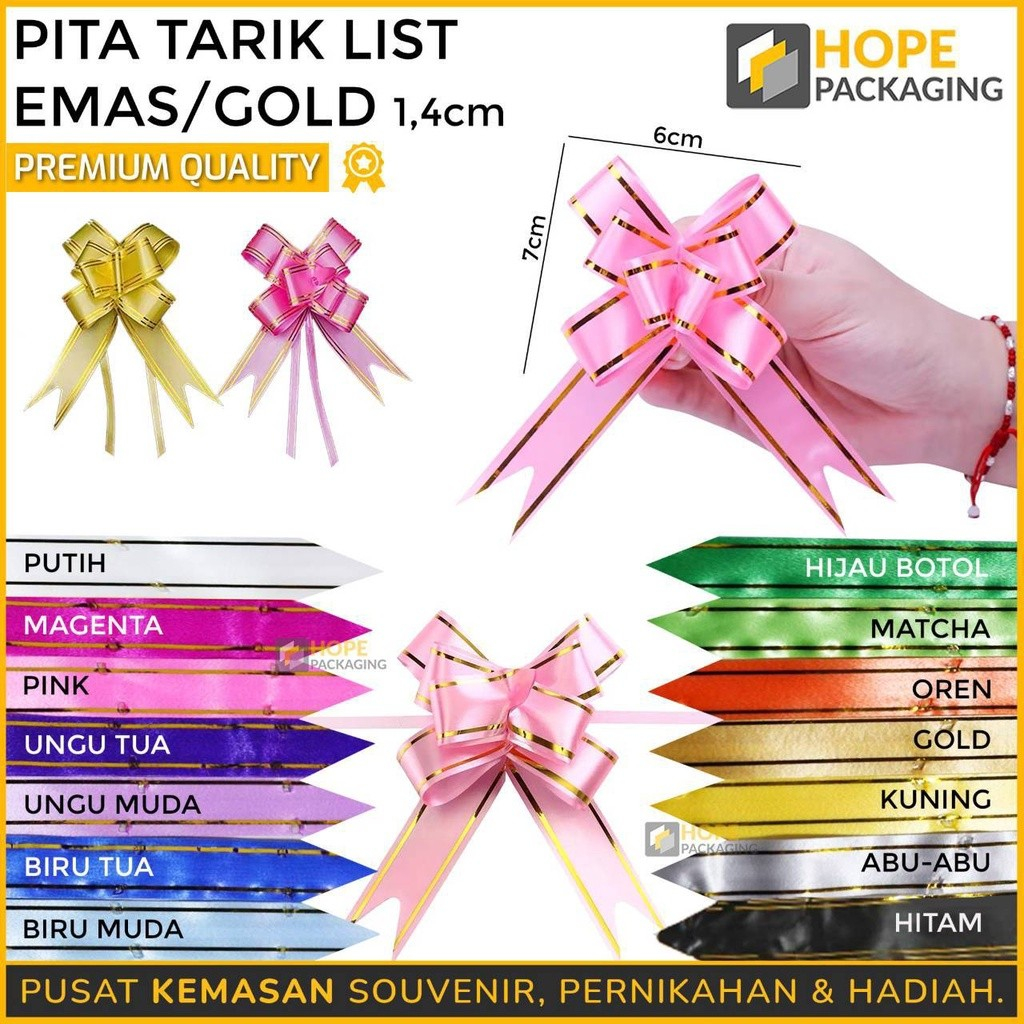 

[Harga/10pcs] Pita Tarik List Gold Ukuran 1.4 cm / Pita Tarik Pompom / Pita Hiasan Ulang Tahun / Pita Souvenir Wedding / Pita Hiasan Bucket