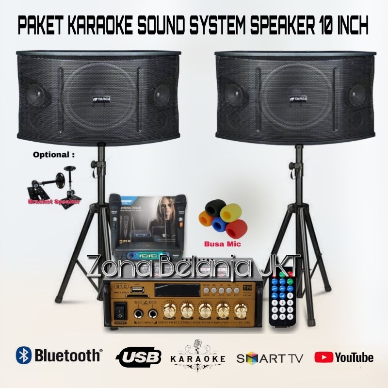 PAKET KARAOKE SOUND SYSTEM SPEAKER 10 INCH AMPLI USB BLUETOOTH MIC WIRELESS KARAOEK RUMAHAN SIAP PAKAI ( SET 2 )