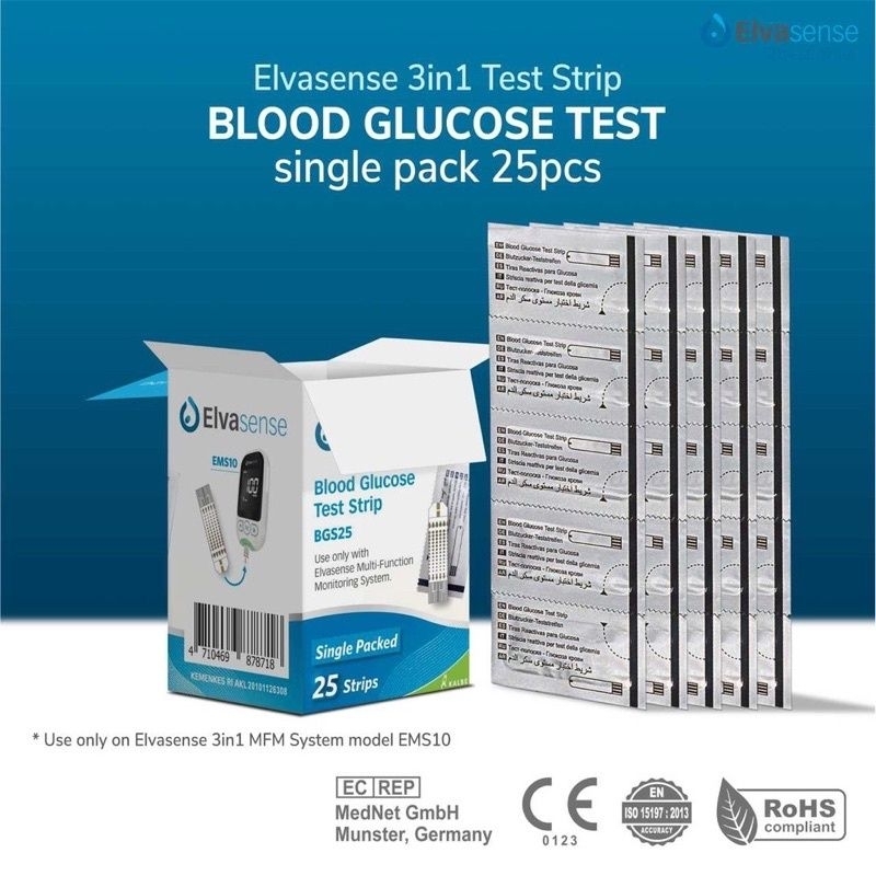 Elvasense Tes Strip Gula Darah Elva Sense Blood Glucose Test Strips 3 in 1