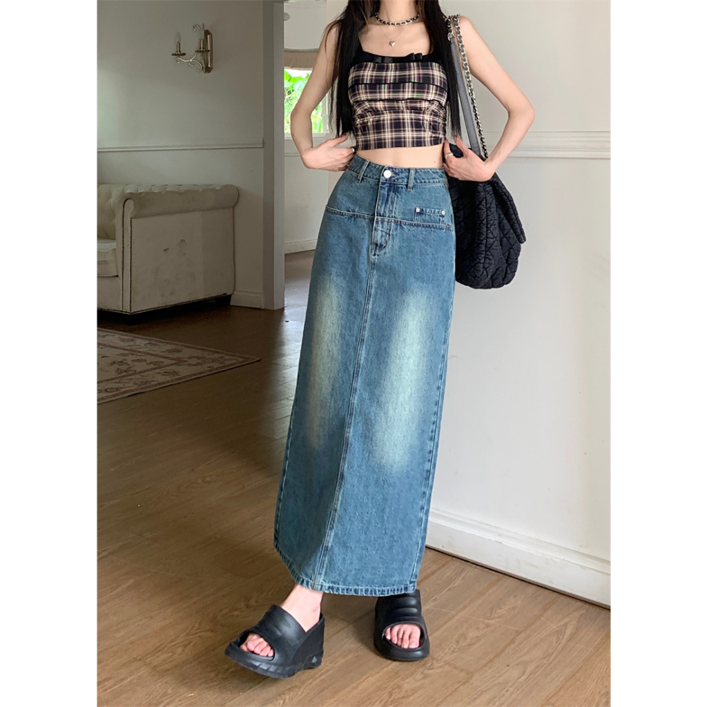 XIAOZHAINV Korean Style Denim Rok Panjang Wanita Skirts Setengah High Waist Biru 0796