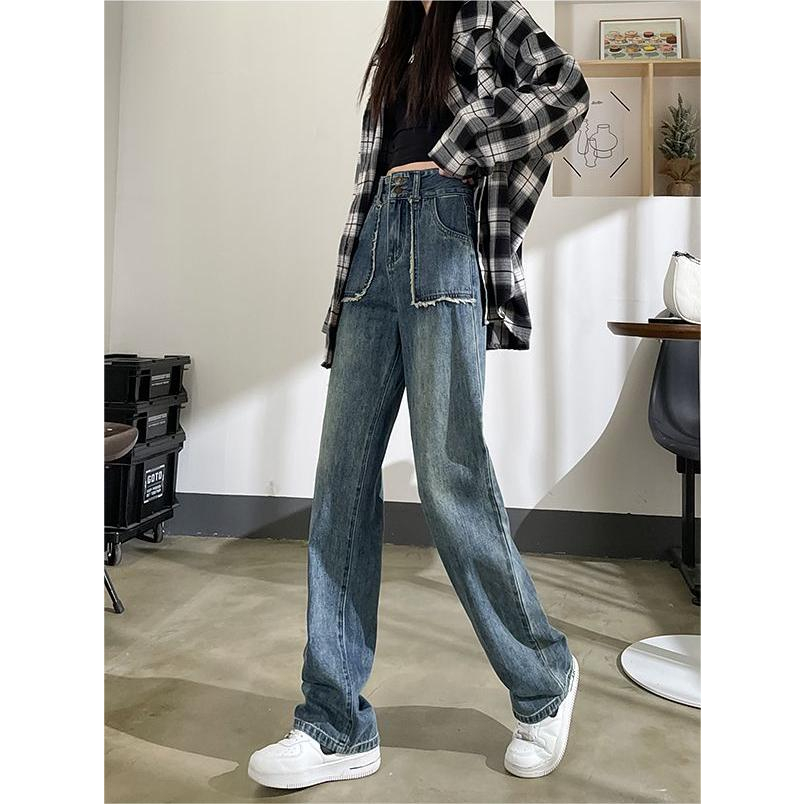 XIAOZHAINV Korean Style Celana Panjang Jeans Wanita Straight Loose Kulot High Waist 0793