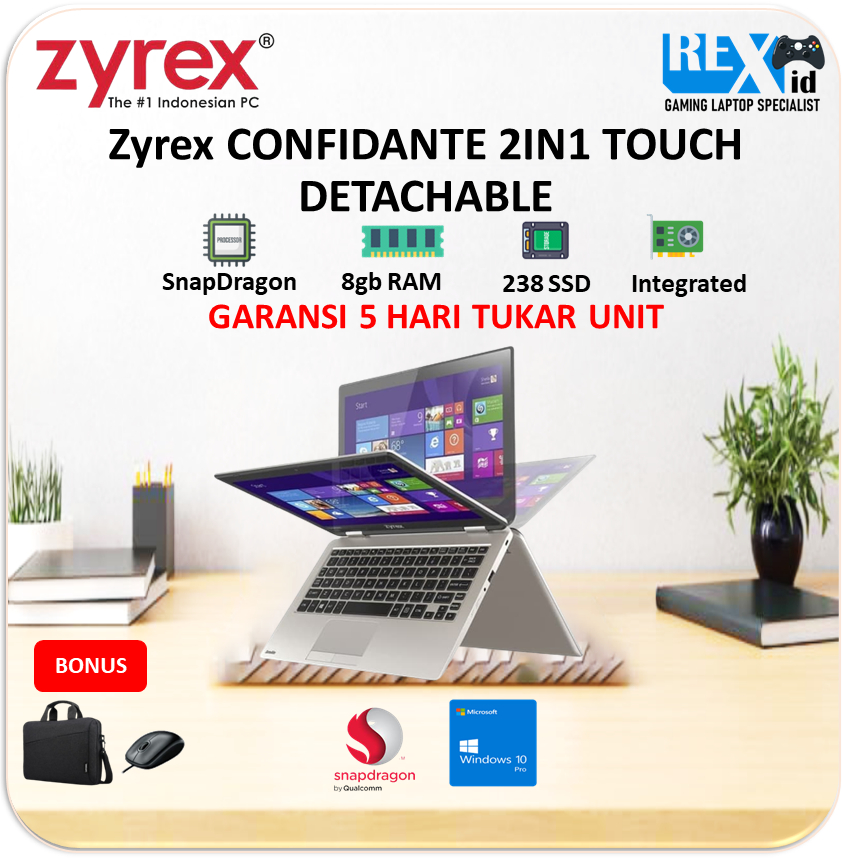 ZYREX CONFIDANTE 2IN1 TOUCH (Qualcomm SnapDragon 850 8Core 8gb 128ssd W10 12.3inch 2K BT 4G LTE &quot;DETACHABLE&quot;)